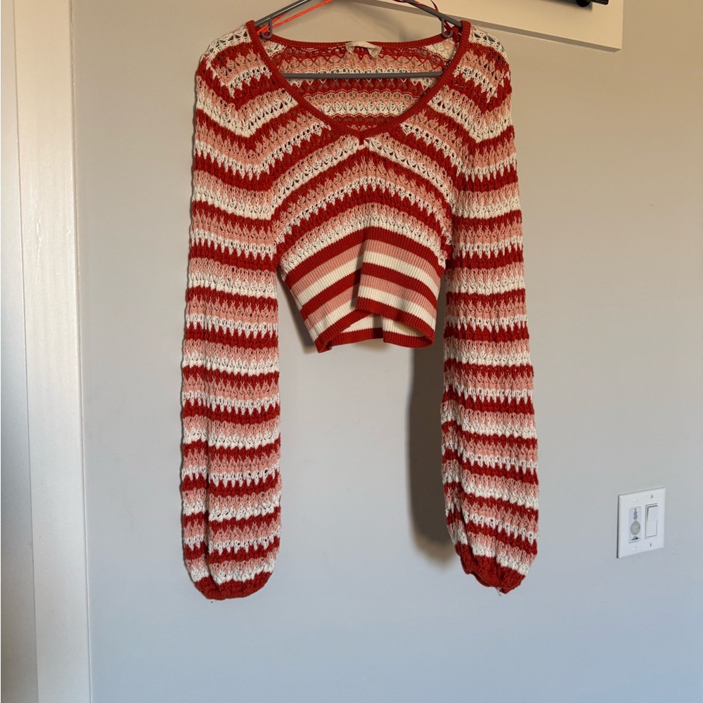 Altar'd State Orange and White V-Neck Sweater